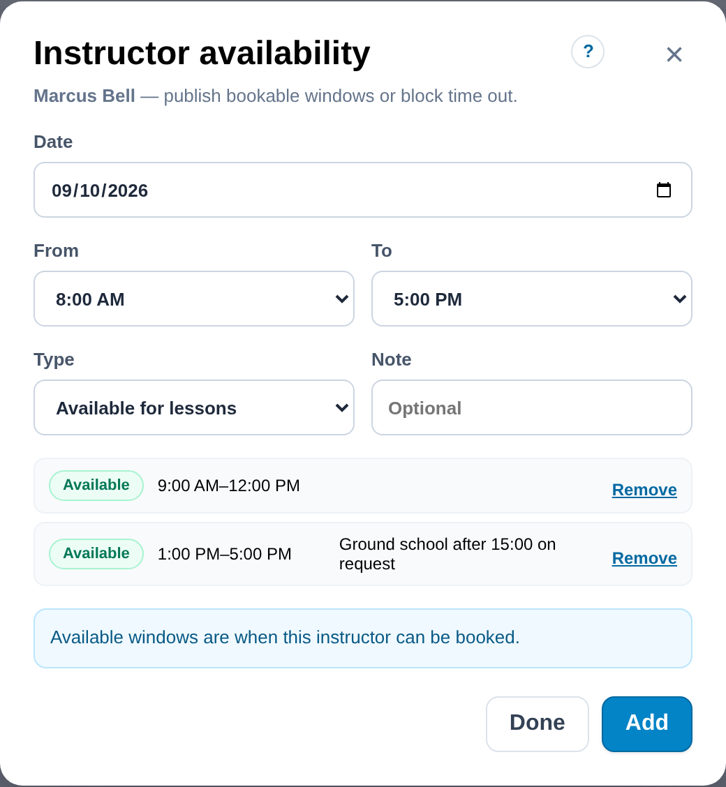 Instructor availability dialog: a date, a window with start and end times, available or blocked, and a note.