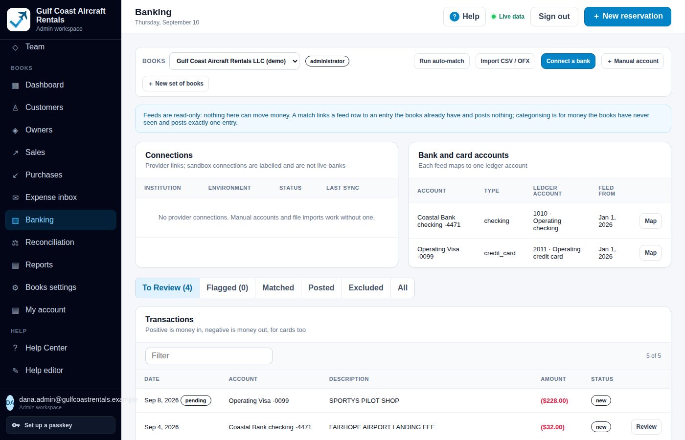 Banking page: Run auto-match, Import CSV / OFX, Connect a bank and Manual account buttons; a note that feeds are read-only and nothing here can move money; connections (none), bank and card accounts mapped to ledger accounts, and a transactions list with To Review, Flagged, Matched, Posted and Excluded tabs.