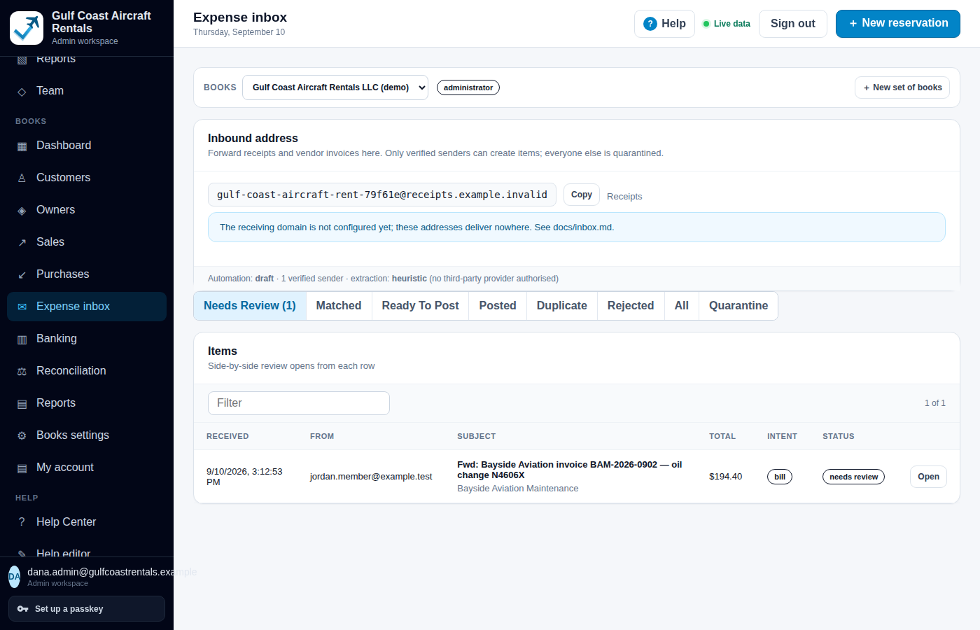 Expense inbox: the dedicated inbound address for a set of books, a note that only verified senders can create items, automation mode draft, and one item needing review, a forwarded vendor invoice for an oil change with its total and intent.