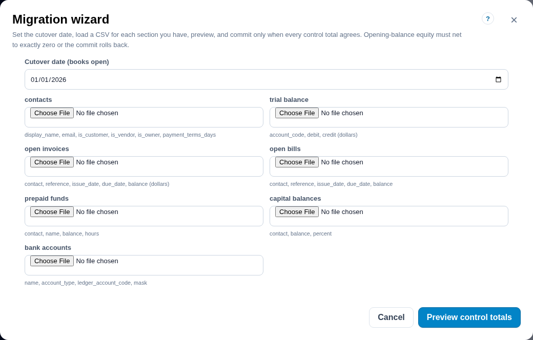 Books migration wizard: cutover date, a CSV file per section, and a control totals table with staged and trial balance figures and an OK column.