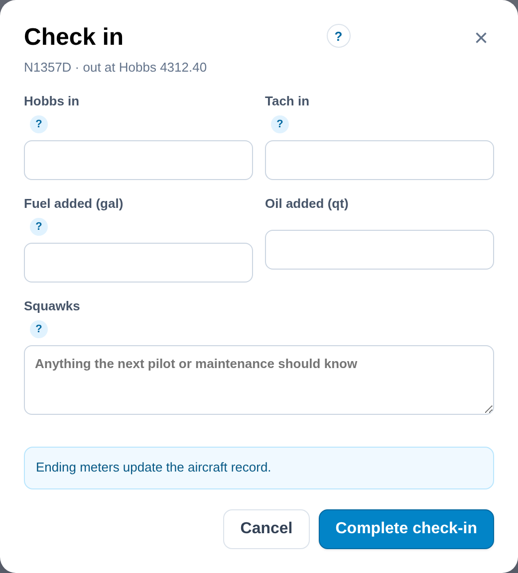 Check-in dialog for N1357D, out at Hobbs 4312.40: fields for Hobbs in, tach in, fuel added, oil added and squawks, and the note Ending meters update the aircraft record.