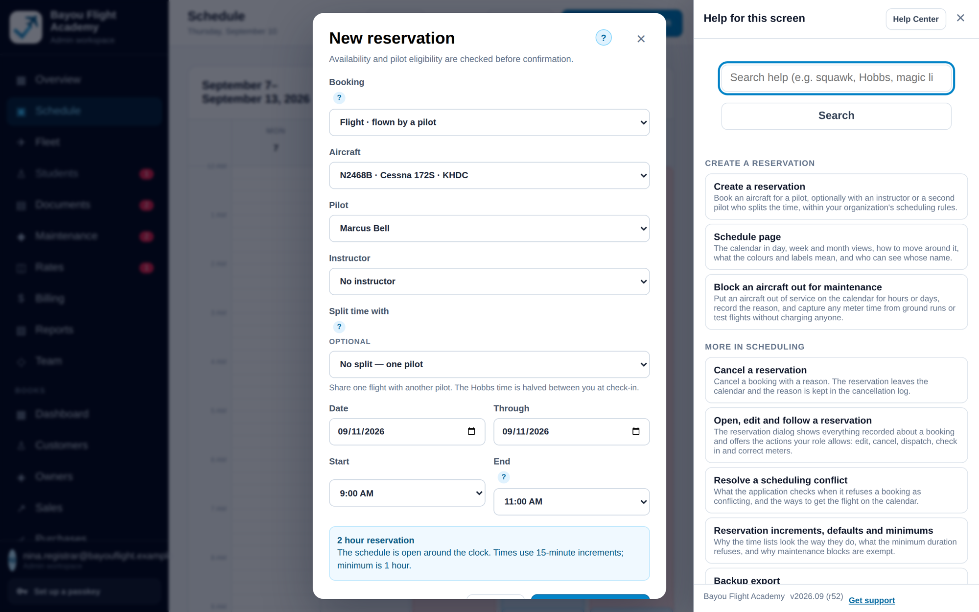 The New reservation dialog with the help drawer open beside it: a search box, articles for creating a reservation, the schedule page, blocking an aircraft for maintenance, cancelling, resolving a conflict, and a Get support link.