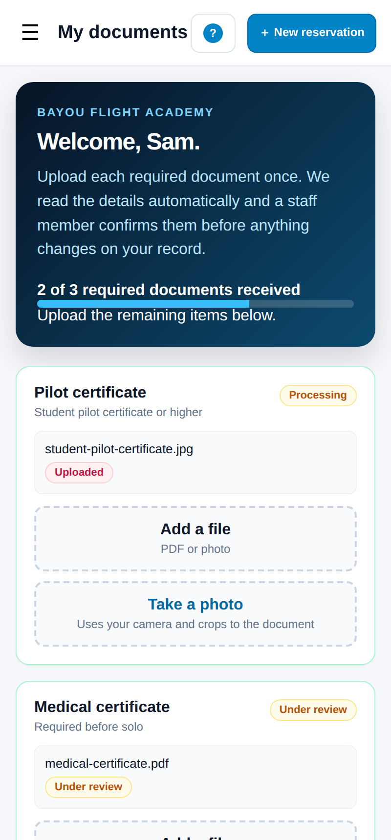 My documents on a phone: Welcome, Sam, a progress bar reading 2 of 3 required documents received, and cards for pilot certificate and medical certificate with Add a file and Take a photo buttons.